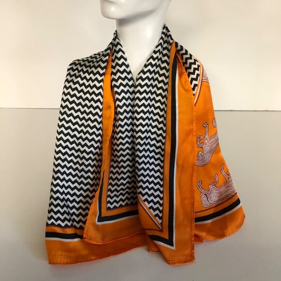 Vintage Style Square Scarf Orange Black Zigzag Horse Patterned Polyester 27x27in - Picture 2 of 5